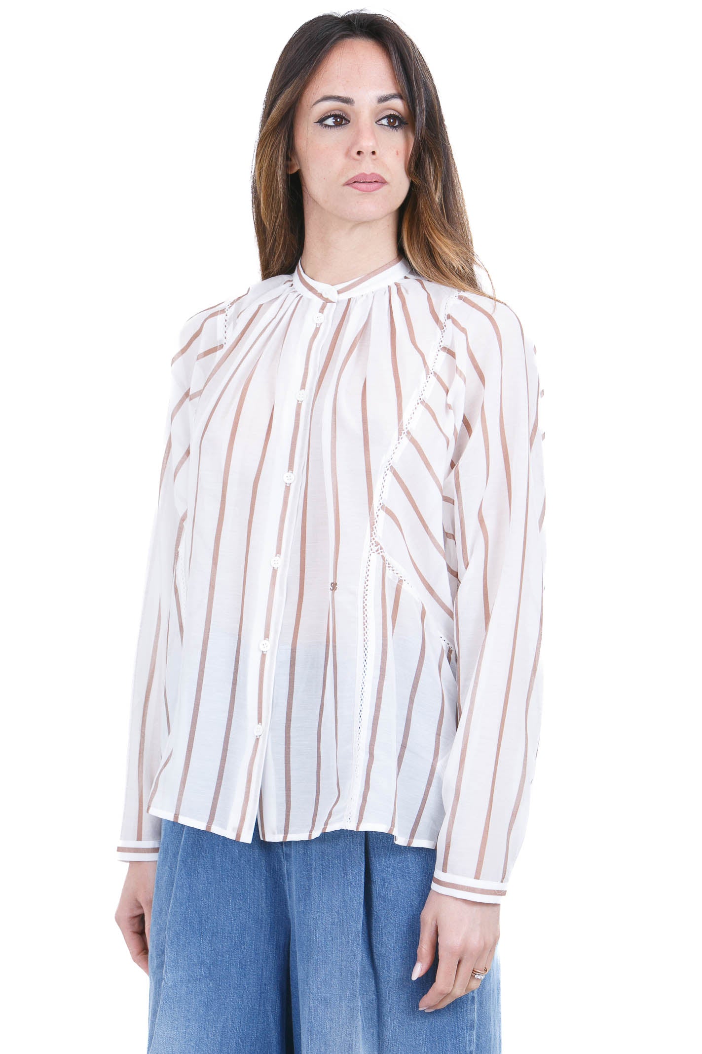 SEMICOUTURE Camicia coreana rigata Lola Camicie Bianco/juta LOLA-Y6SK60 RG105