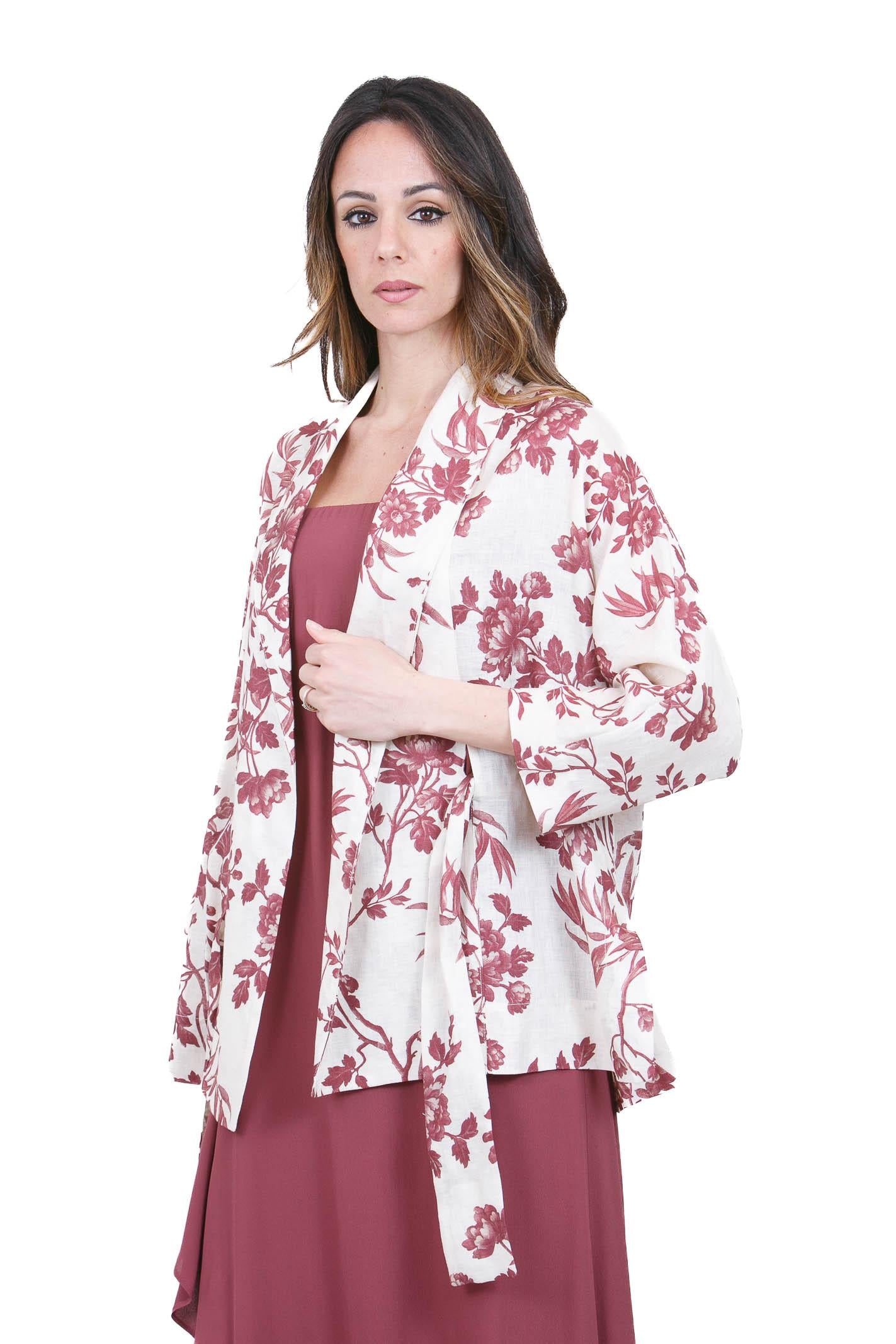 SEMICOUTURE Kristi kimono in lino, maniche 3/4 Kimoni Ecru/barolo KRISTI-S6SS5 FLW65