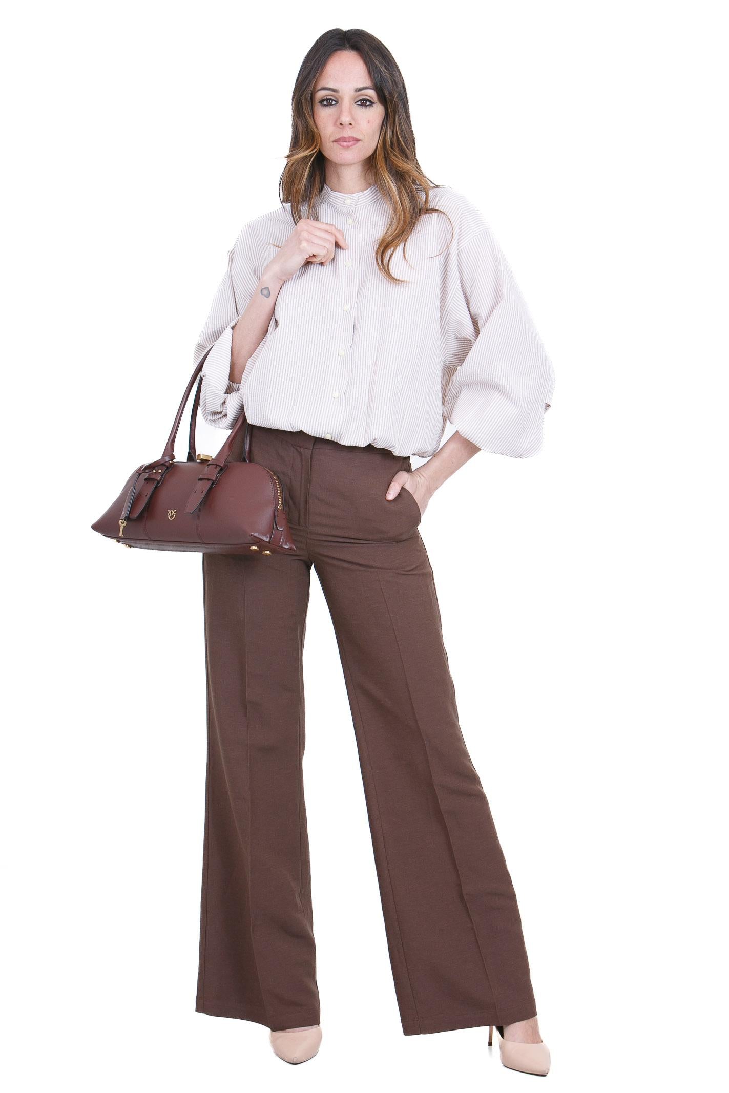 8PM Pantaloni a Palazzo Vita Alta con Piega - Marrone Caffè Pantaloni Cioccolato MELBOURNE-61P06-A 340