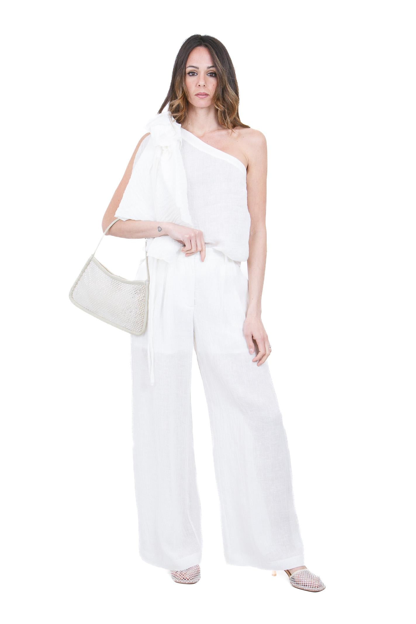 SU Pantaloni Palazzo in Lino Bianco con Pinces Pantaloni Panna S6G502 S002