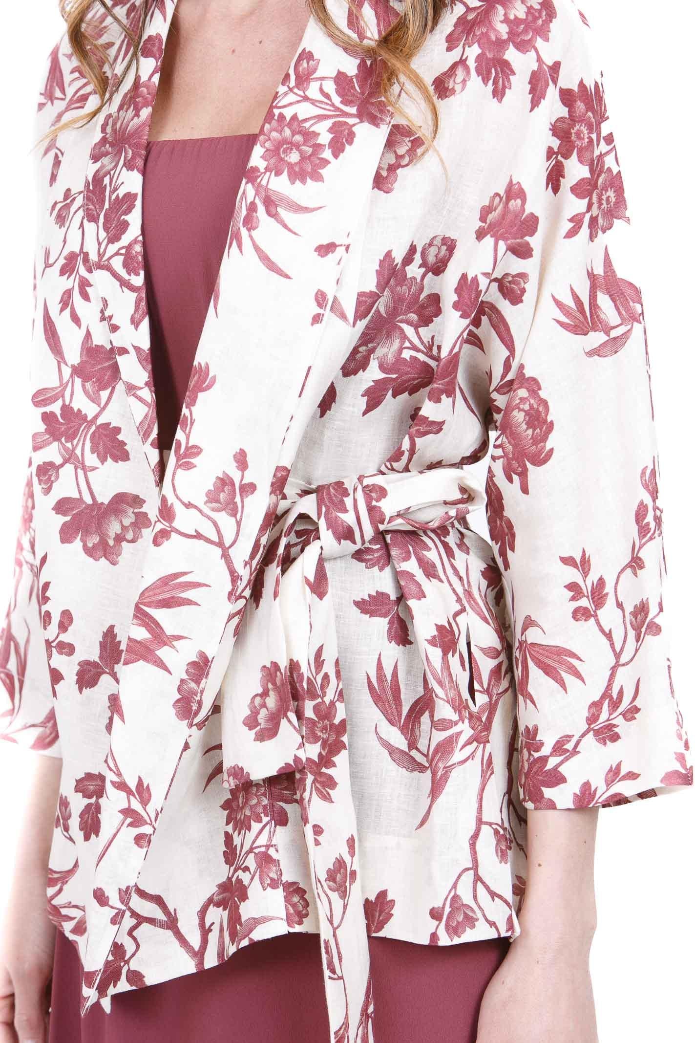 SEMICOUTURE Kristi kimono in lino, maniche 3/4 Kimoni Ecru/barolo KRISTI-S6SS5 FLW65