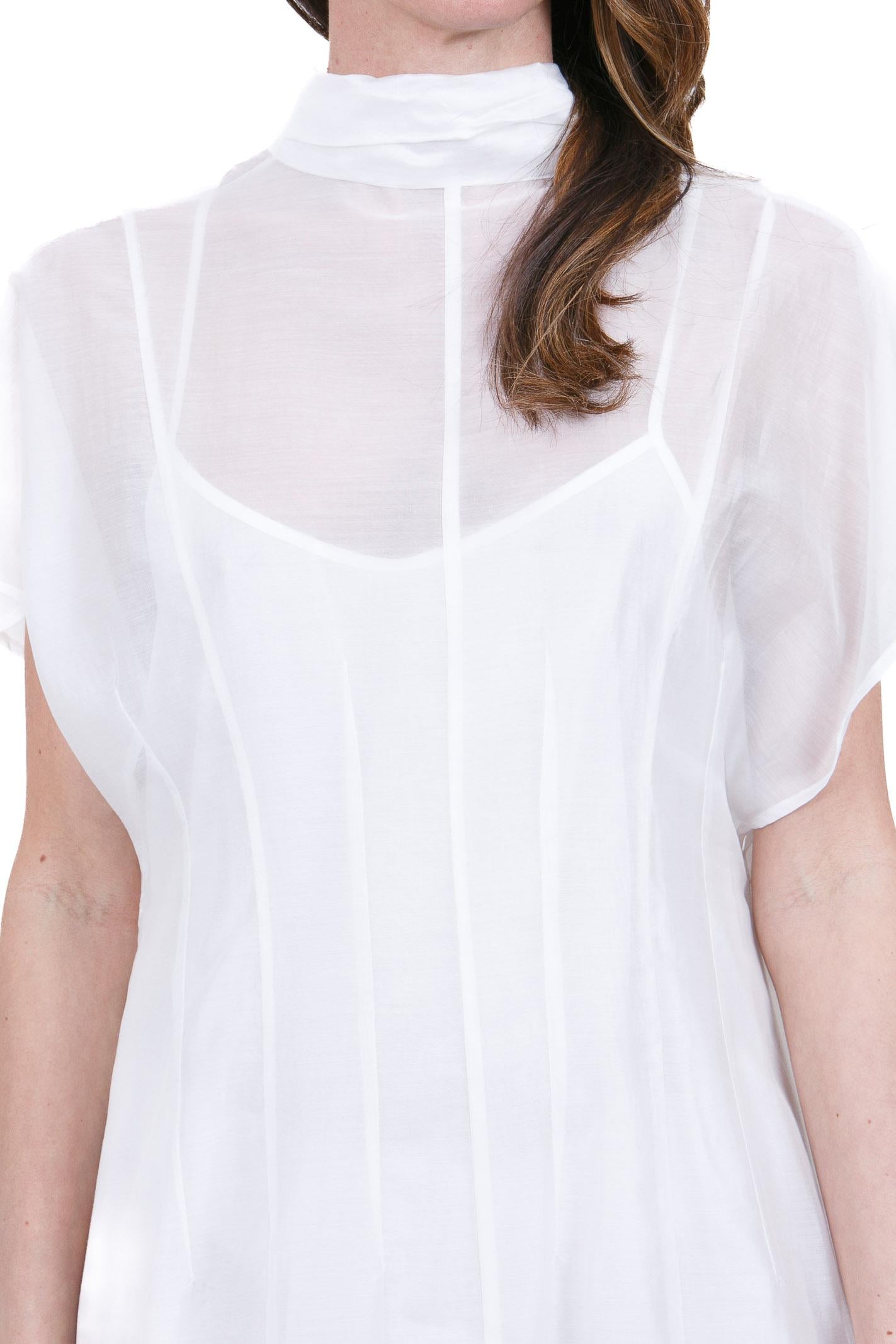 SU Abito Lungo in Chiffon Bianco con Collo Alto e Sottoveste Abiti Panna S6U402 S002