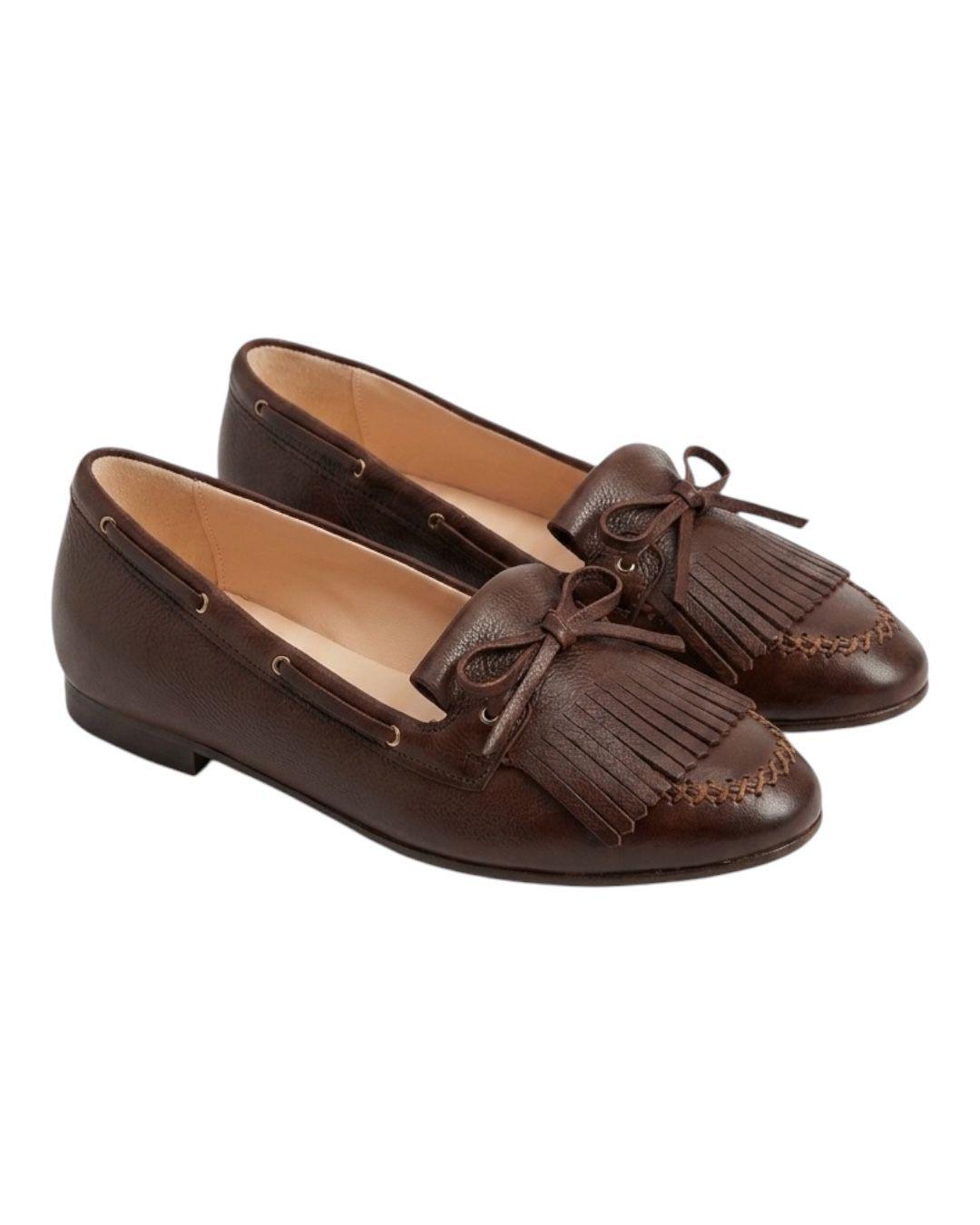 DUCCIO DEL DUCA Mocassino con frangia e fiocco in pelle<BR/> Scarpe Ebano DD136 FRIDA