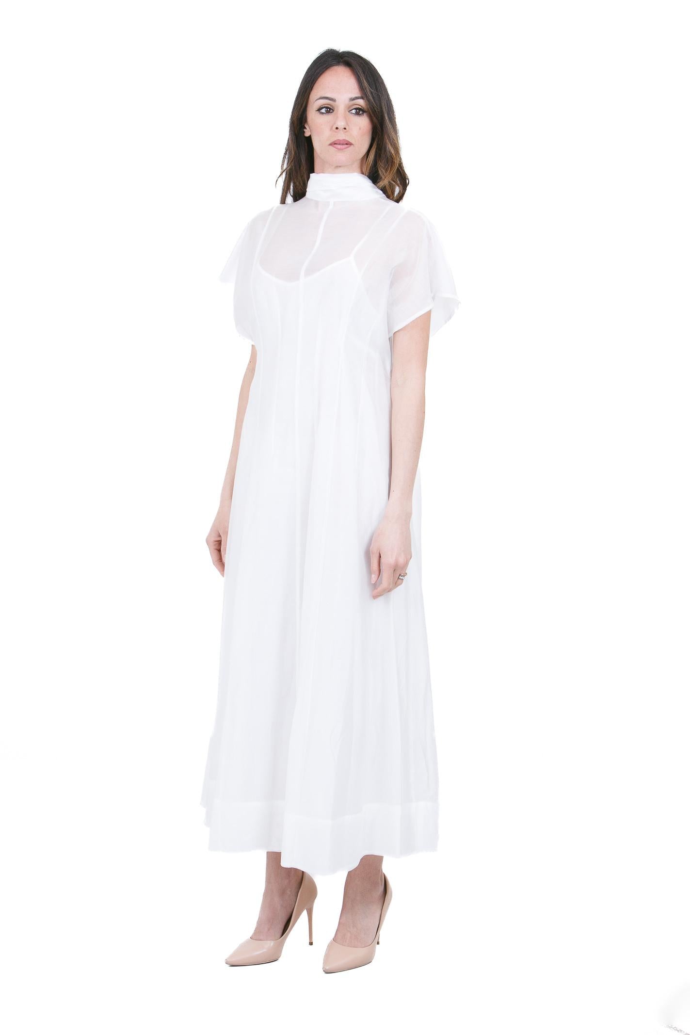 SU Abito Lungo in Chiffon Bianco con Collo Alto e Sottoveste Abiti Panna S6U402 S002