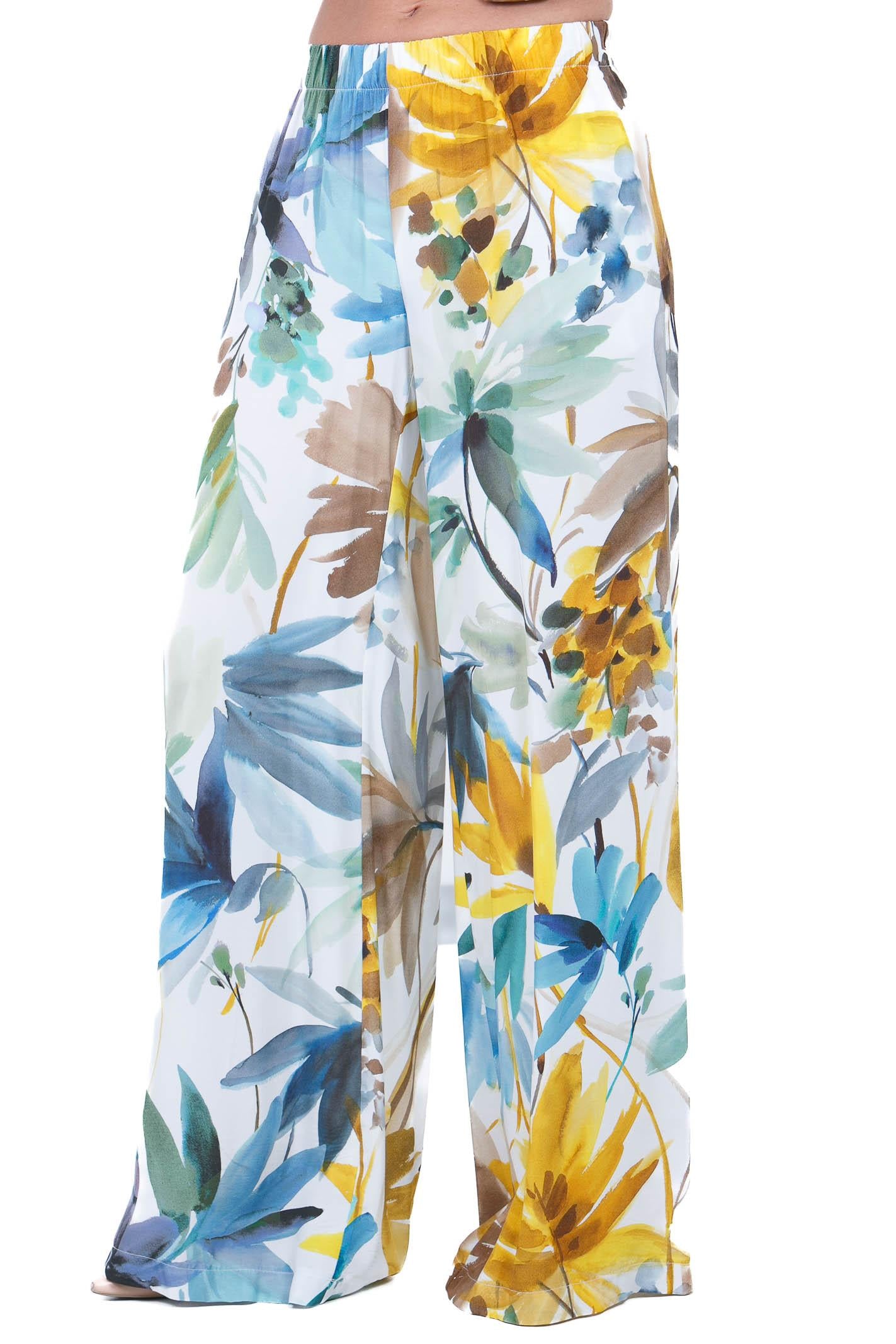 KAOS Pantalone Palazzo in Satin con Stampa Floreale Kaos Pantaloni Panna SP1TZ024 1041