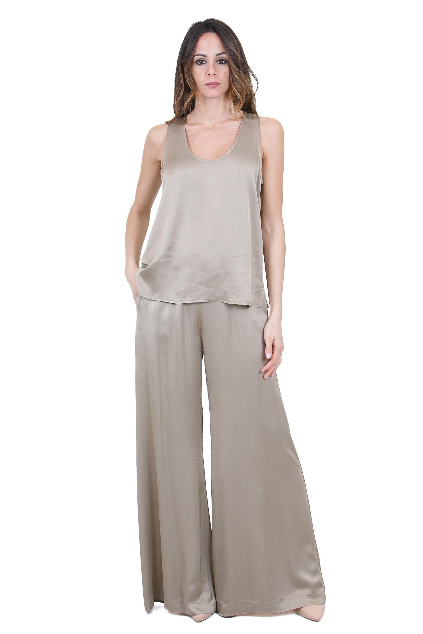 KAOS Pantalone Palazzo in Satin Fluido Fango Kaos Pantaloni Kaki SPJAR001 5021