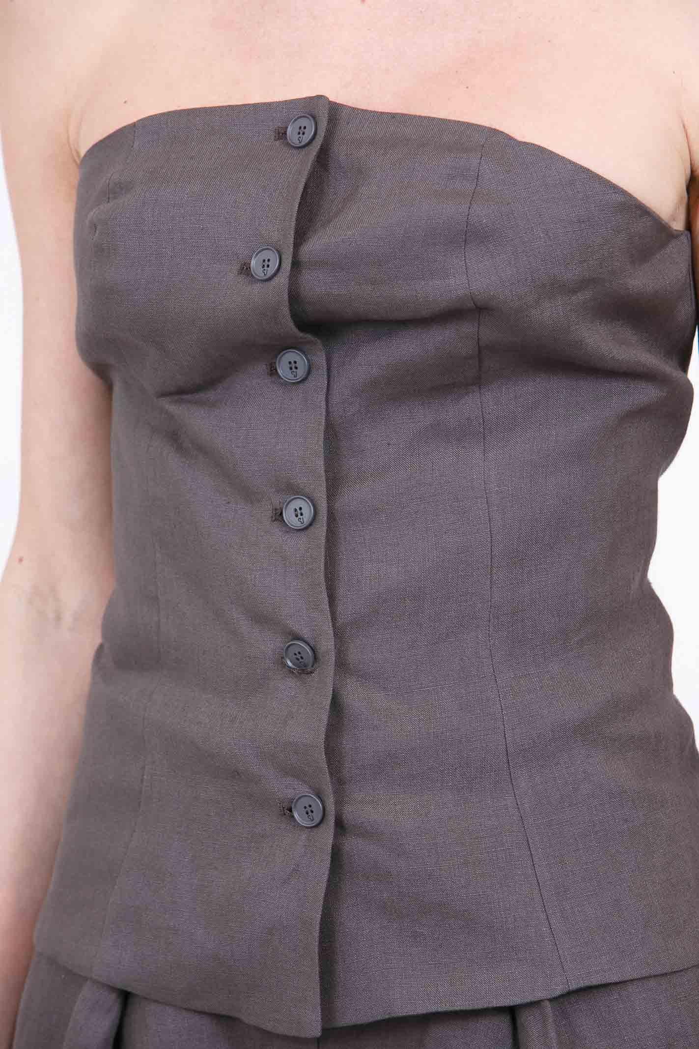 SU Top Bustino Strapless in Lino con Bottoni Top Moka S6L203 S031