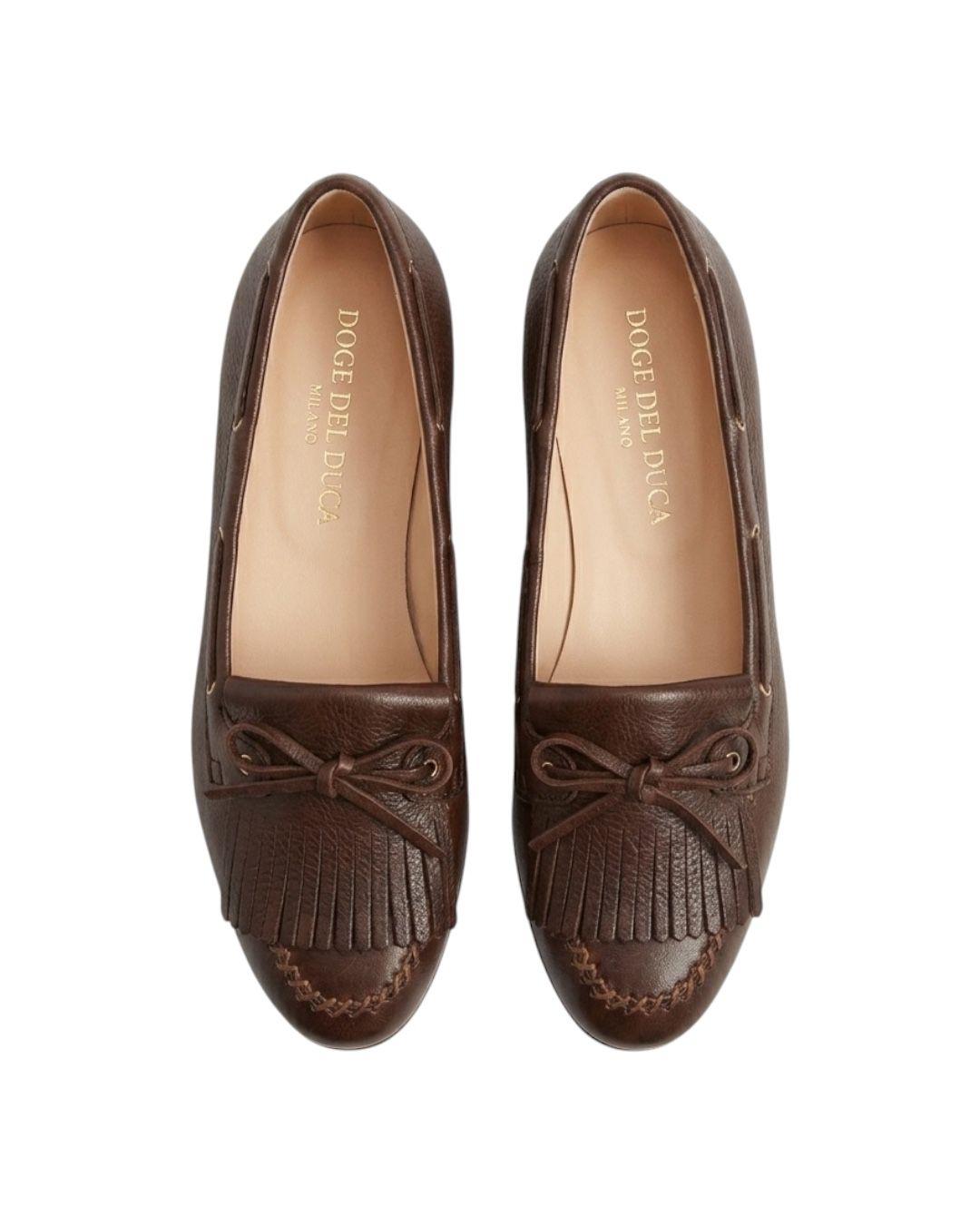 DUCCIO DEL DUCA Mocassino con frangia e fiocco in pelle<BR/> Scarpe Ebano DD136 FRIDA