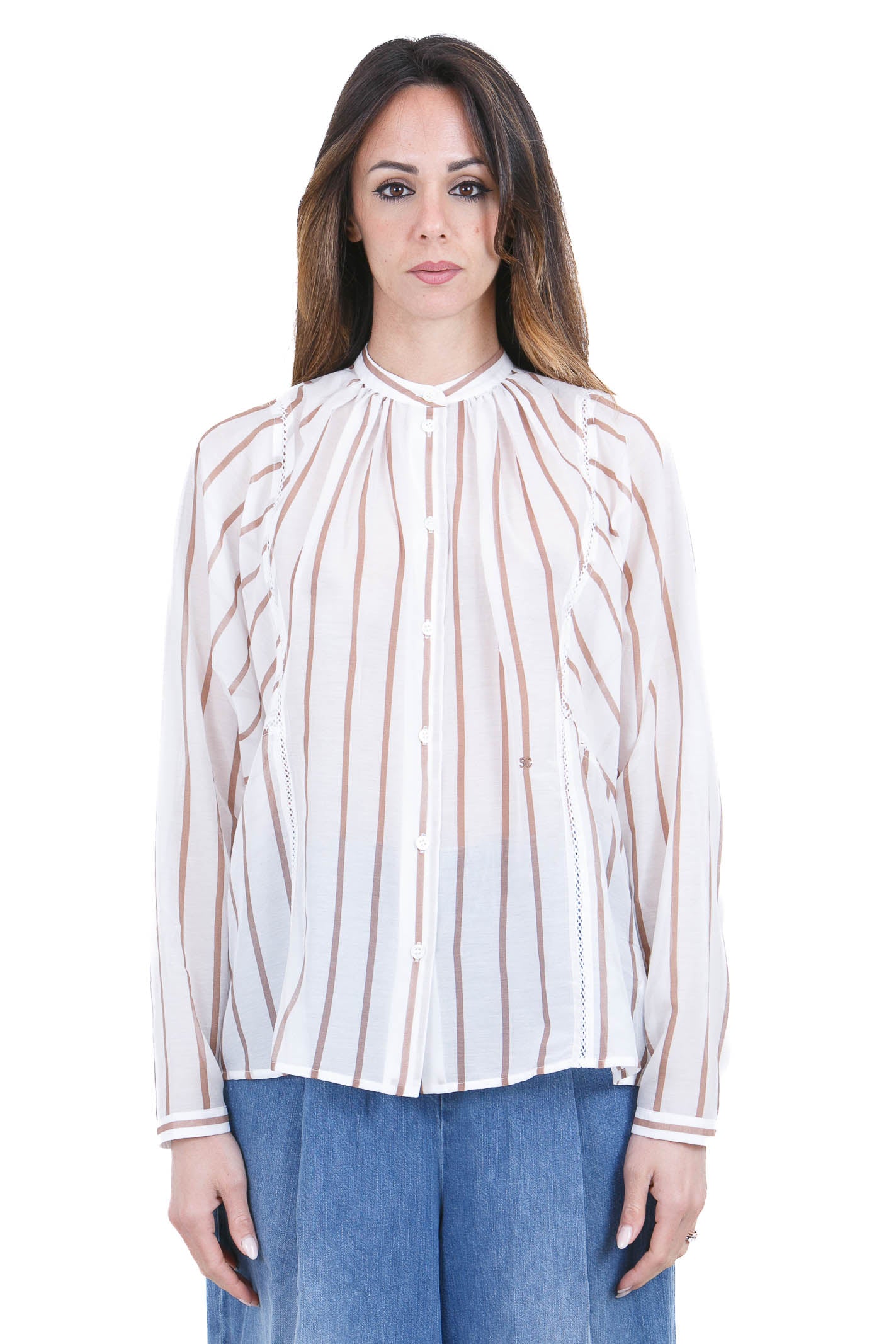 SEMICOUTURE Camicia coreana rigata Lola Camicie Bianco/juta LOLA-Y6SK60 RG105 