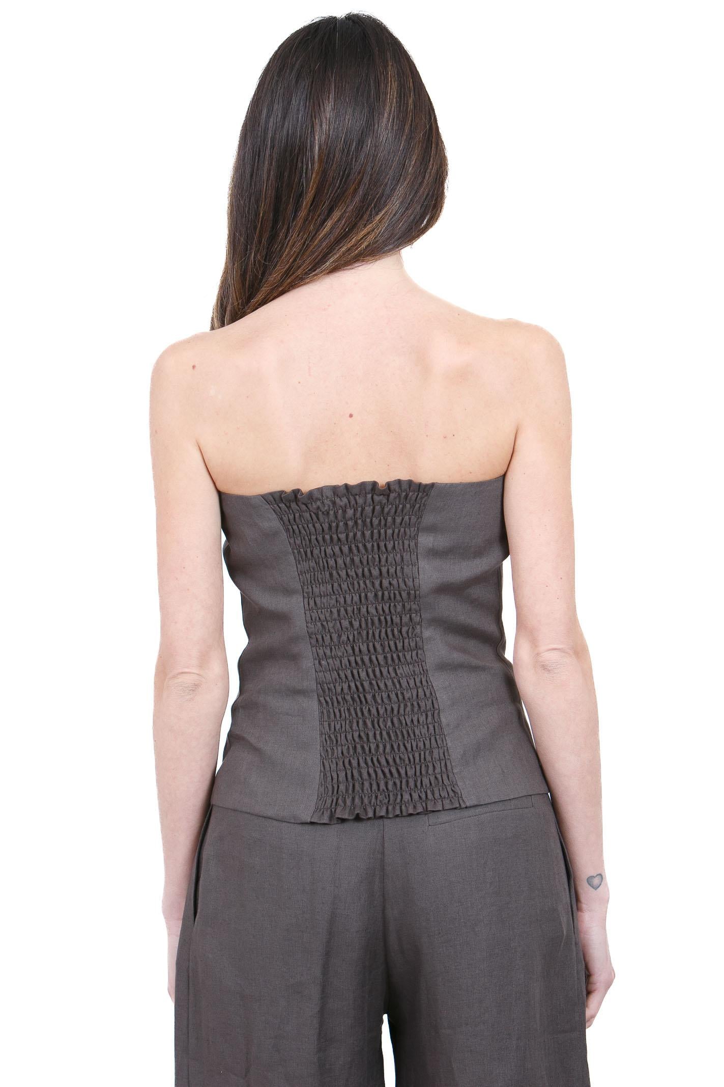 SU Top Bustino Strapless in Lino con Bottoni Top Moka S6L203 S031 