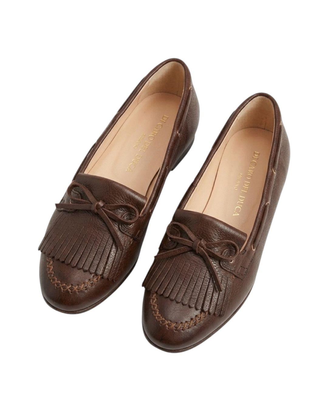 DUCCIO DEL DUCA Mocassino con frangia e fiocco in pelle<BR/> Scarpe Ebano DD136 FRIDA 