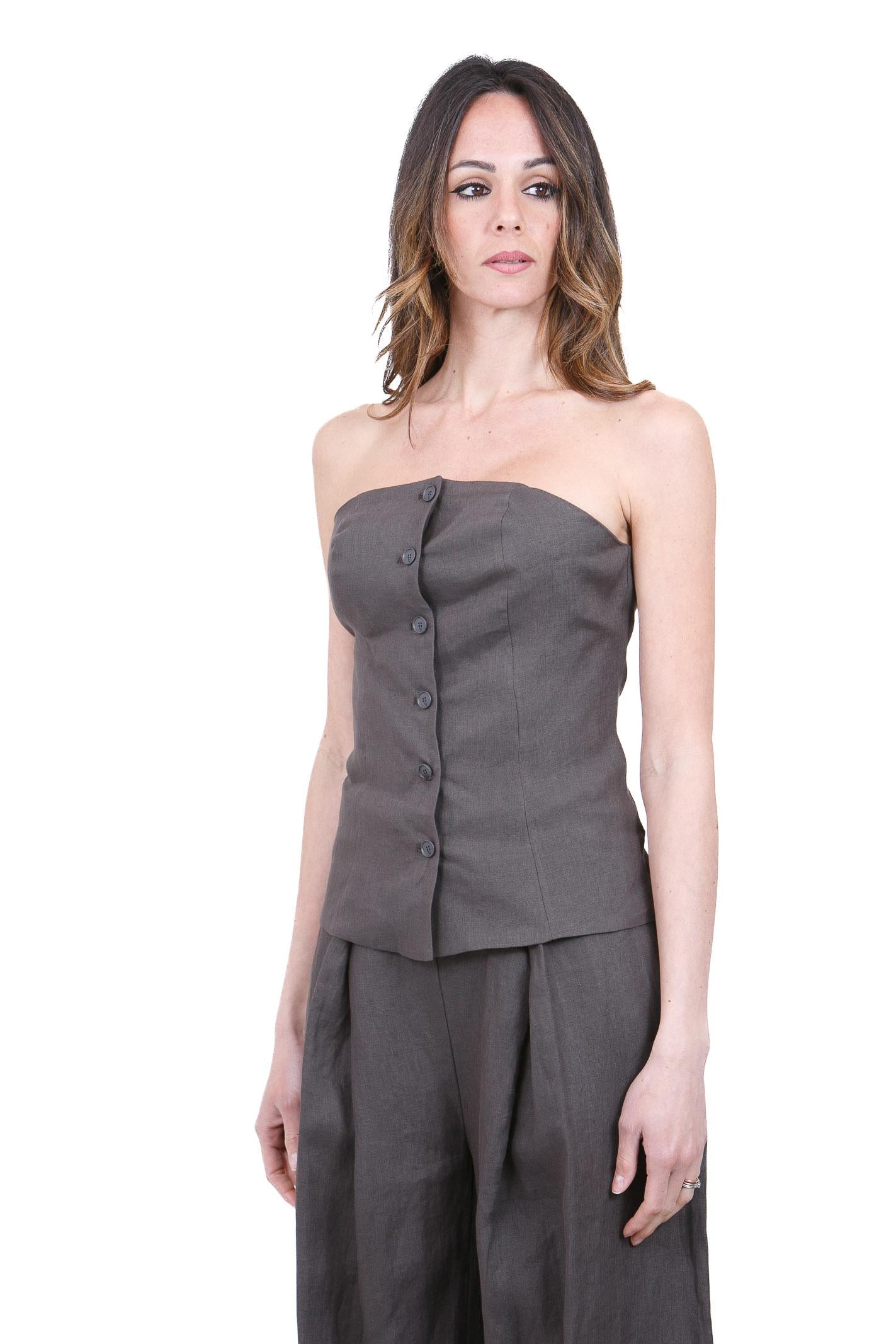 SU Top Bustino Strapless in Lino con Bottoni Top Moka S6L203 S031 