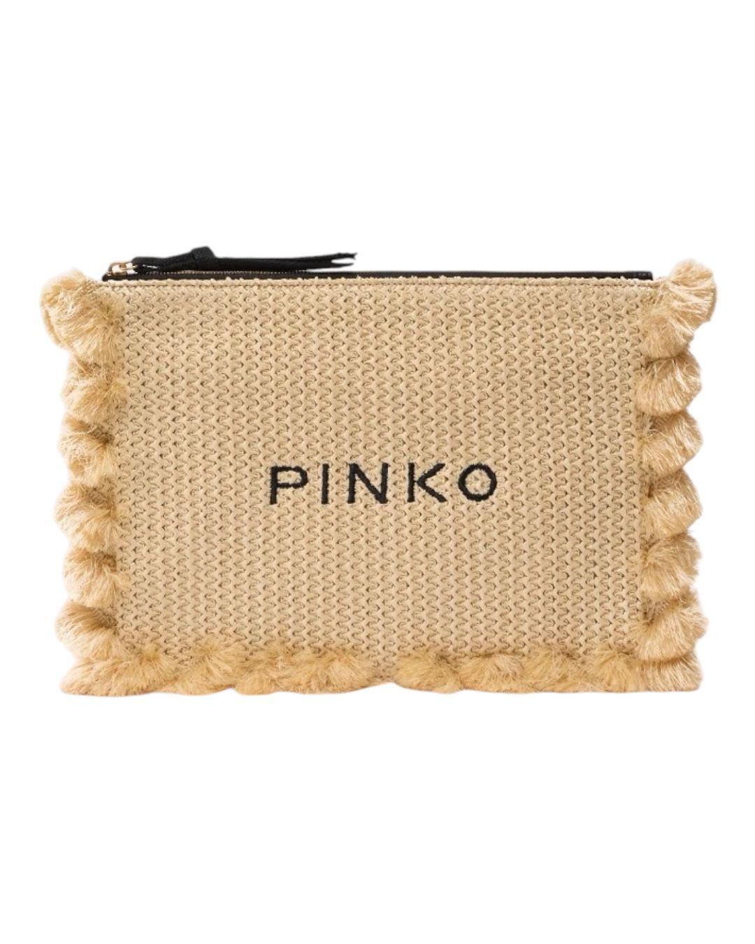PINKO Bustina piccola in rafia con logo e nappine Borse Paglia/NERO 106718-A39Y HZ3Q 