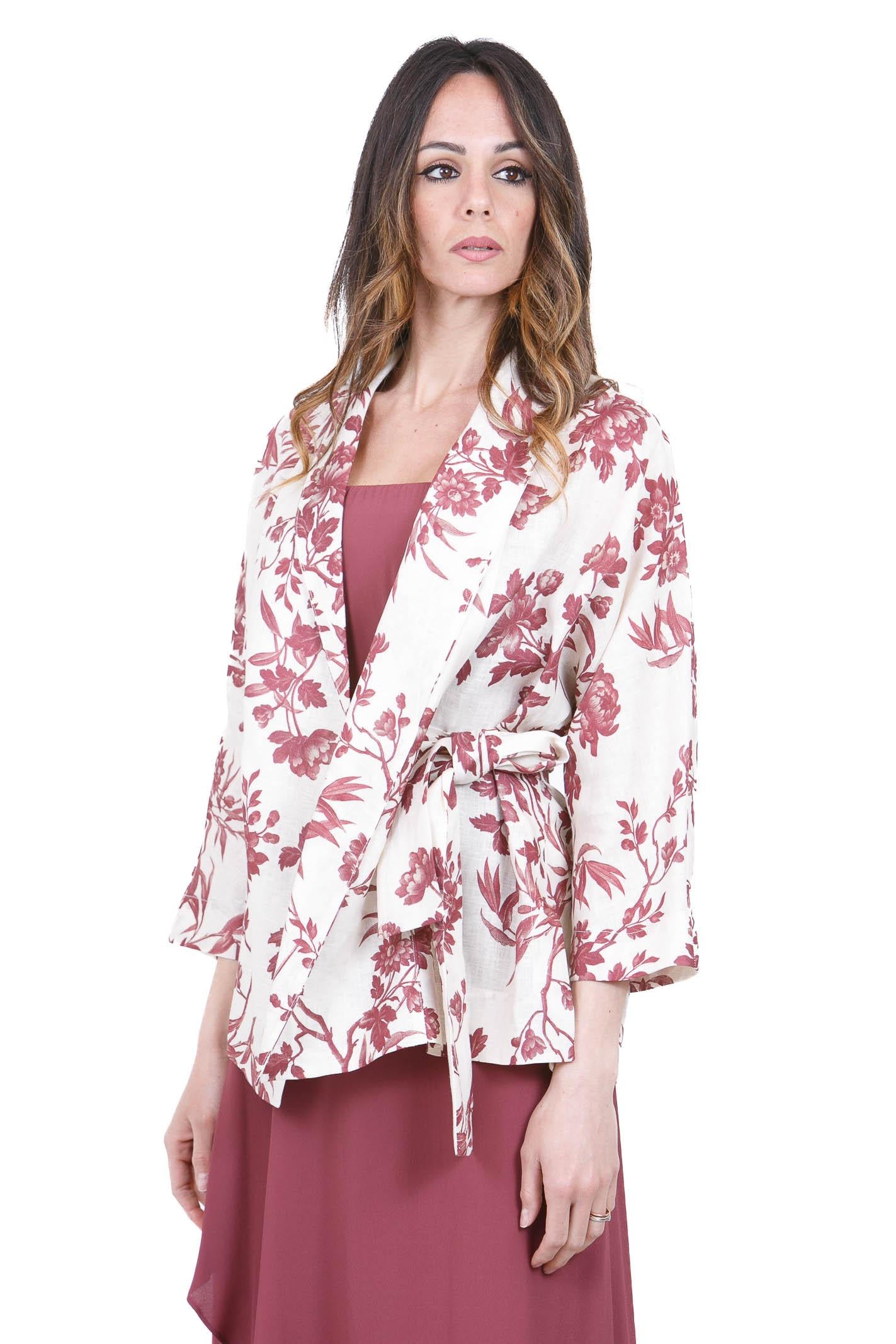 SEMICOUTURE Kristi kimono in lino, maniche 3/4 Kimoni Ecru/barolo KRISTI-S6SS5 FLW65 
