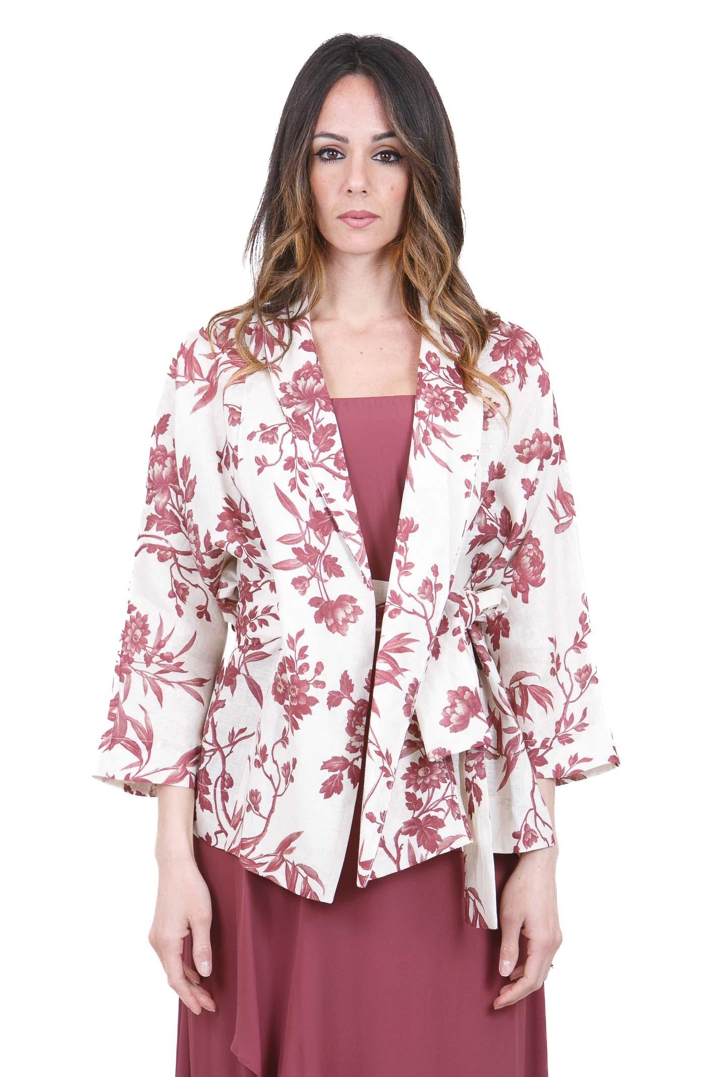 SEMICOUTURE Kristi kimono in lino, maniche 3/4 Kimoni Ecru/barolo KRISTI-S6SS5 FLW65 
