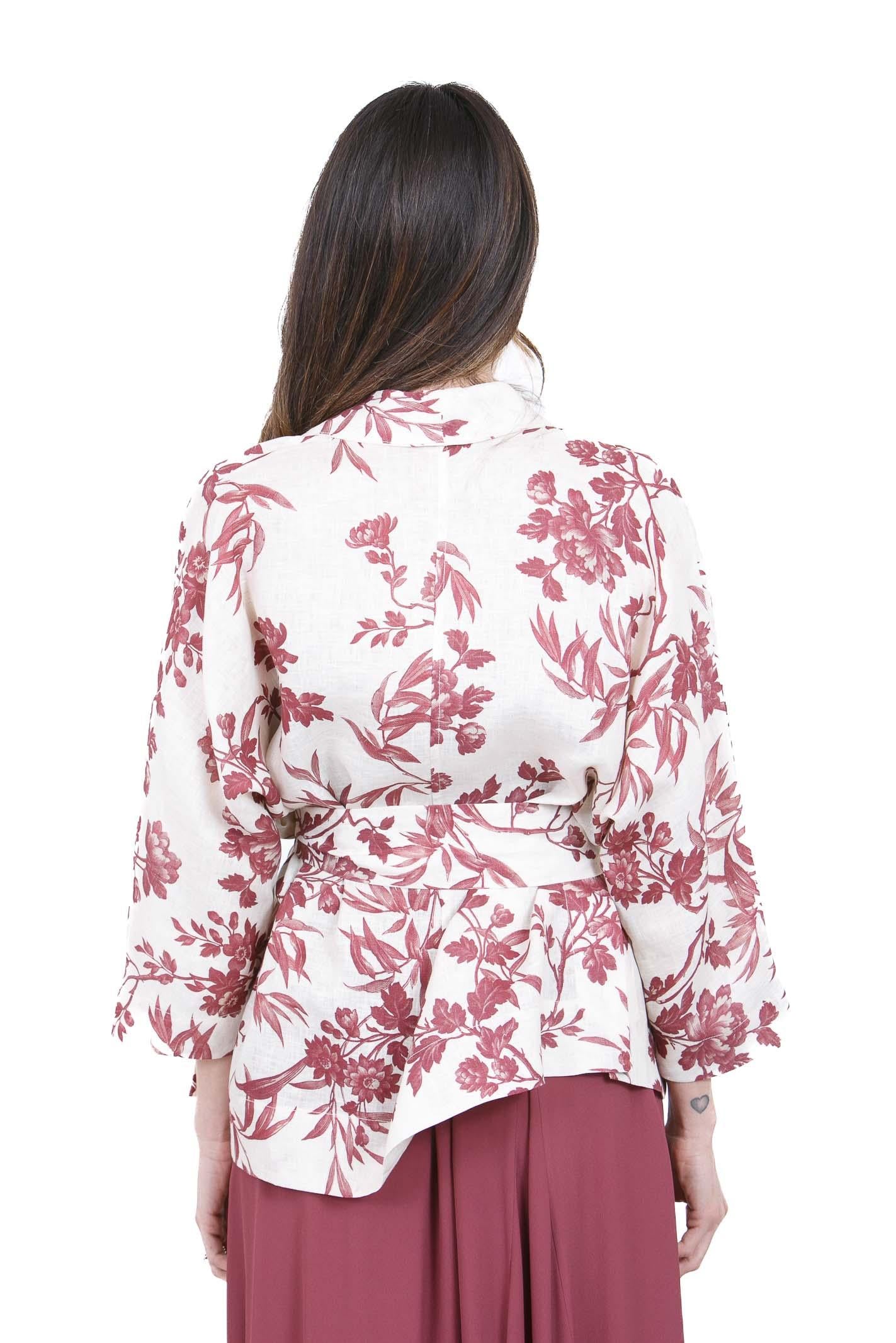 SEMICOUTURE Kristi kimono in lino, maniche 3/4 Kimoni Ecru/barolo KRISTI-S6SS5 FLW65 