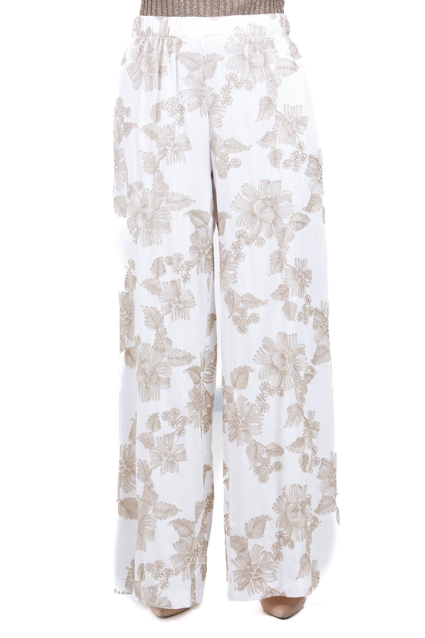 KAOS Pantalone Palazzo con Ricami Floreali Bianco e Beige Kaos - Eleganza Fluida e Leggerezza Couture Pantaloni Panna SP1TZ020 1041 