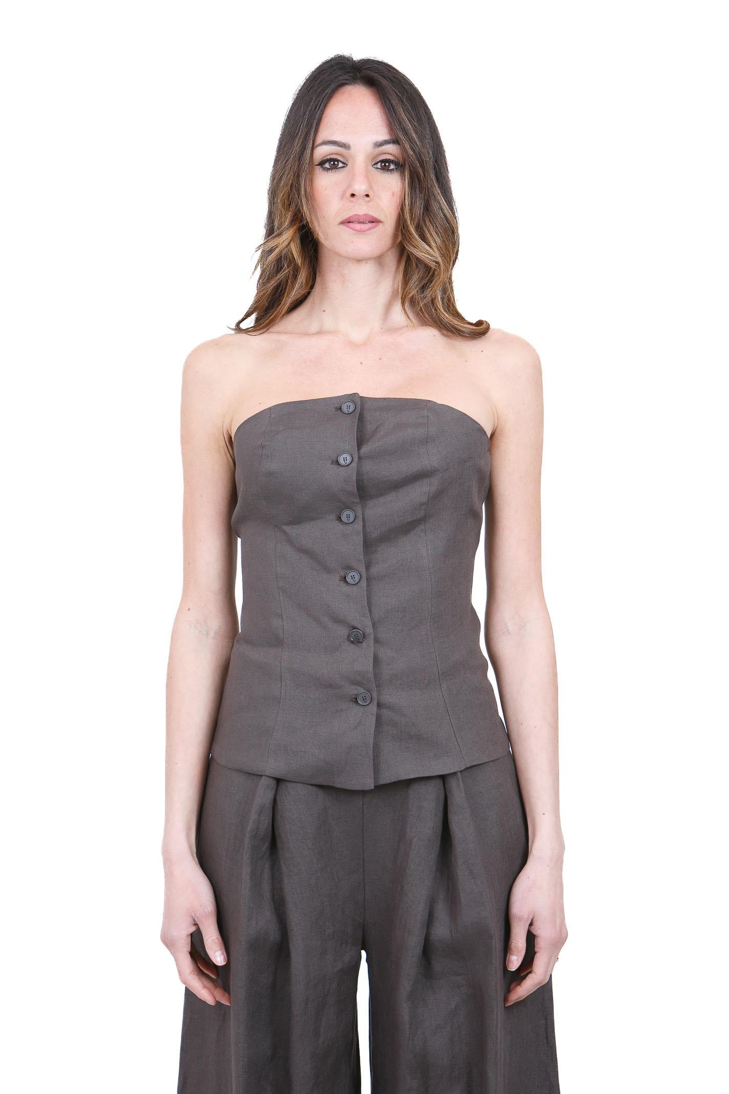 SU Top Bustino Strapless in Lino con Bottoni Top Moka S6L203 S031 