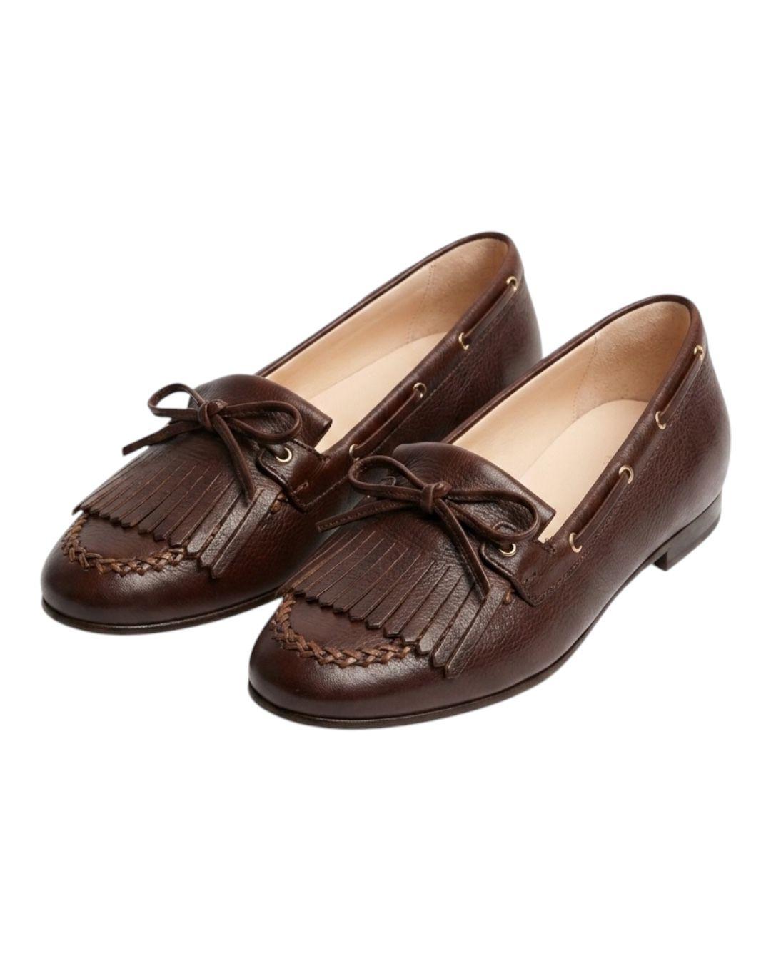 DUCCIO DEL DUCA Mocassino con frangia e fiocco in pelle<BR/> Scarpe Ebano DD136 FRIDA 
